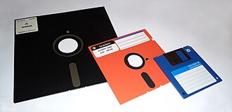 A photograph of floppy disks of varying sizes.