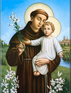 A painting of Saint Anthony holding a lily and a small child.